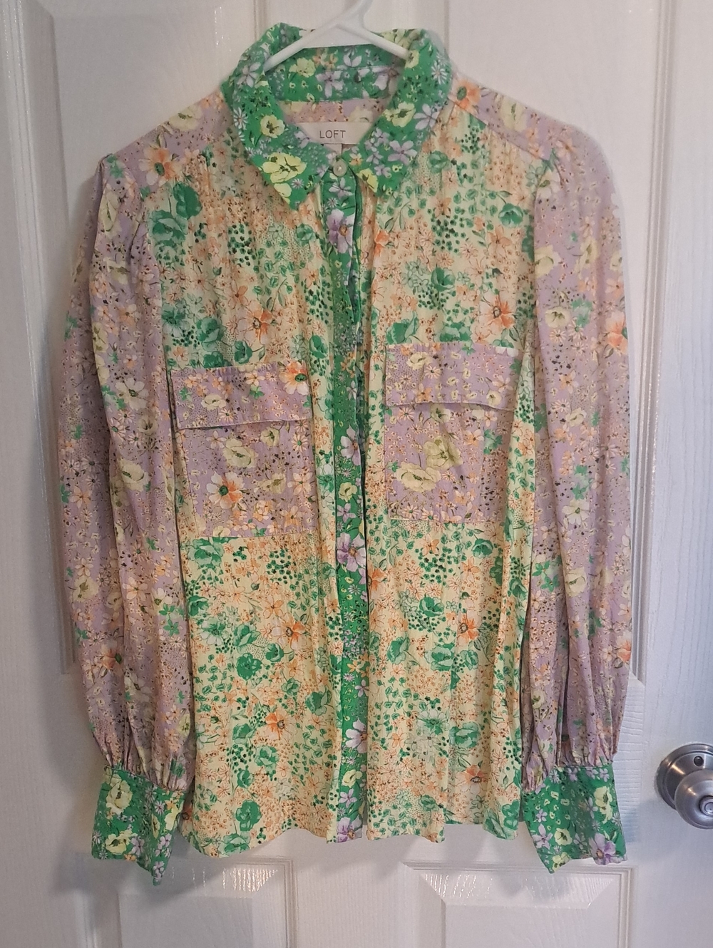LOFT Green, Lavender and Yellow Floral Patchwork Button-Down Top